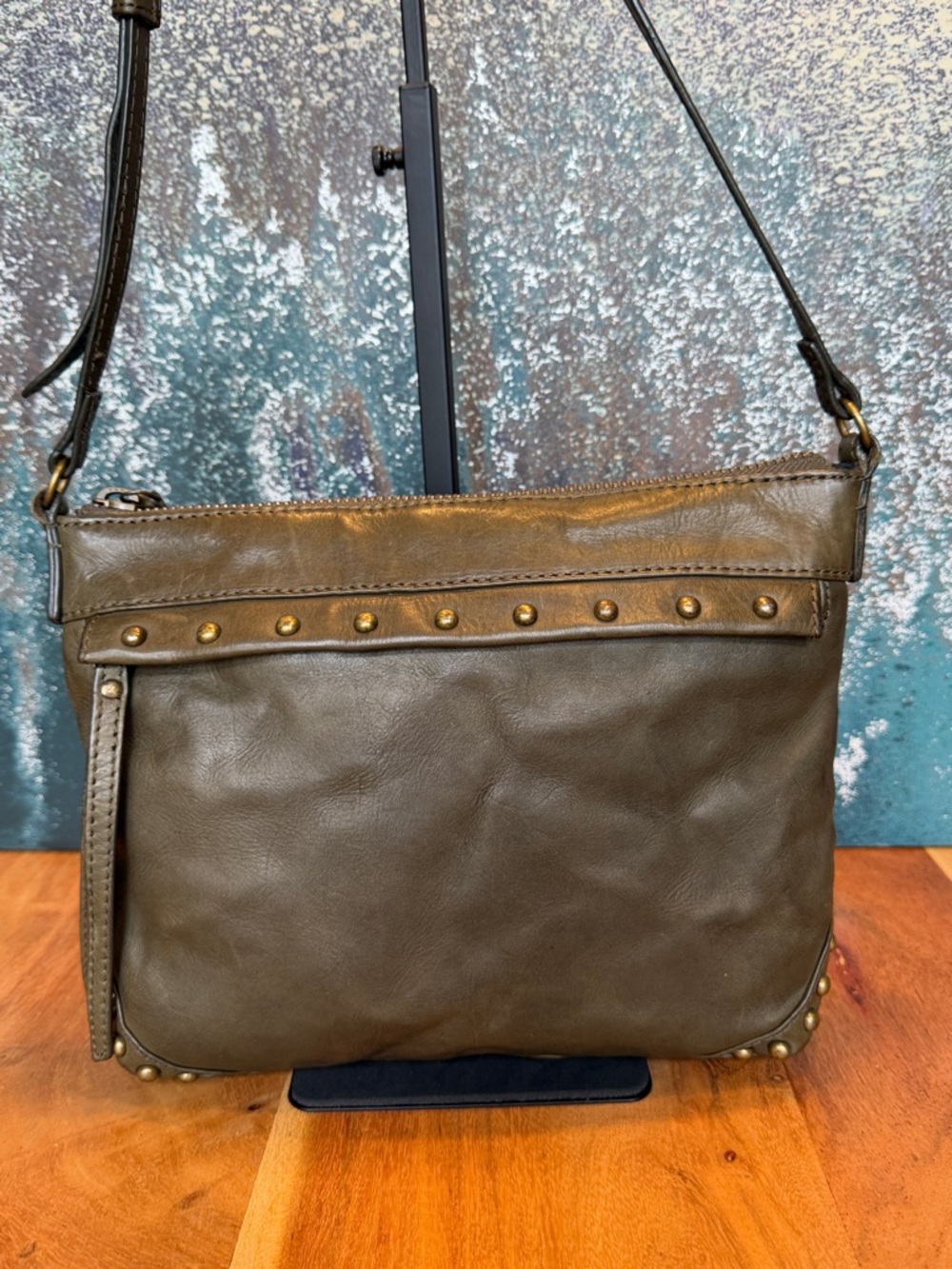 Frye Minimalist Olive Green Leather Studded Crossbody Bag 2010s (GUC) - Picture 4 of 17